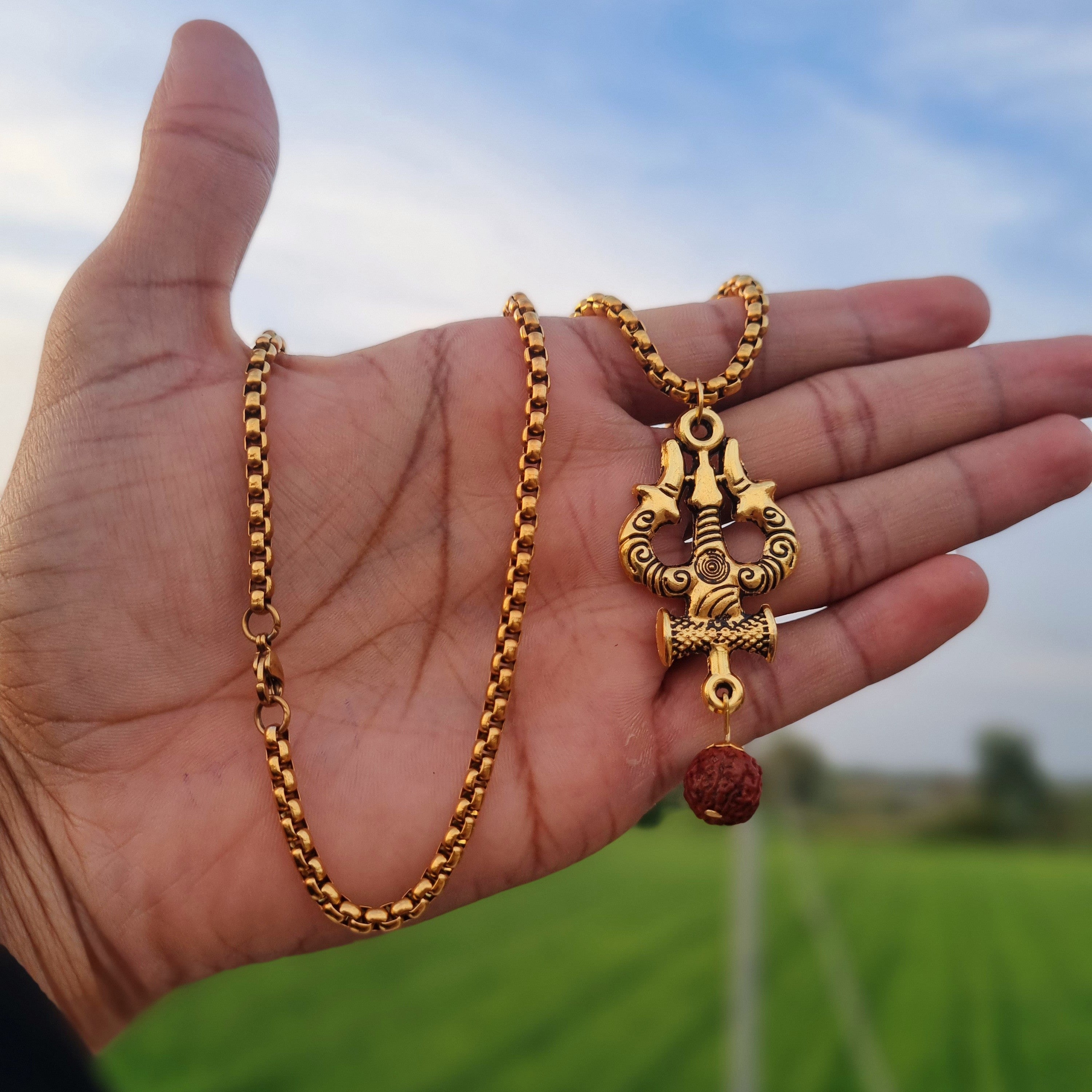 Gold Plated Trisul Pendant with Necklace Chain