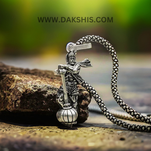 Hanuman With Gada Locket With Silver Plated Chain