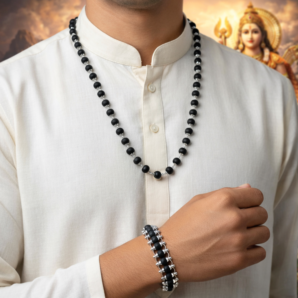 Silver Plated Karungali Mala + Bracelet Combo